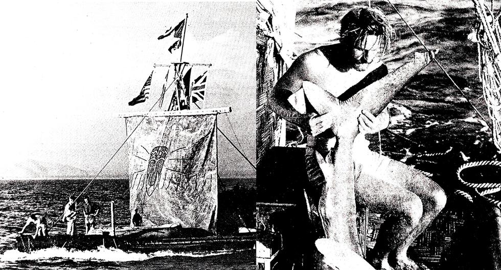 La balsa Kon Tiki y la audaz expedición nórdica que lideró el noruego Thor Heyerdahl, entre abril y agosto de 1947. Heyerdahl tasajeando un tiburón, parte de la leyenda del Kon Tiki. (Fotos: AP)