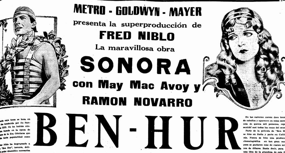 Lima, 12 de diciembre de 1931. Aviso publicitario de uno de sus promocionados reestrenos en el Perú. 'Ben-Hur' era ya un clásico en los años 30 y volvía a la vista de los espectadores peruanos cada cierto tiempo desde su triunfante estreno en Nueva York, el 30 de diciembre de 1925. (Foto: GEC Archivo Histórico)