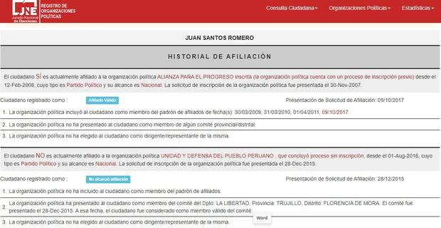 According to the Registry of Political Organizations (ROP) accessed by El Comercio, Santos was last registered as a member of the group led by César Acuña in October 2017.  The ROP contains all the times the APP adheres to it. 
