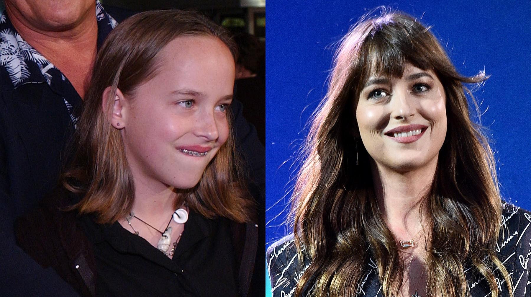 Dakota Johnson cumplió 30 años. En la foto, a la izquierda, durante la premiere de "Harry Potter" (2001). A la derecha, en el Global Citizen Festival (2019). Foto: AFP.