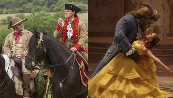 Josh Gad como Le Fou y Luke Evans como Gaston (izquierda) y Emma Watson y Dan Stevens en  escenas de &quot;La bella y la bestia&quot;.(Foto: AP)
