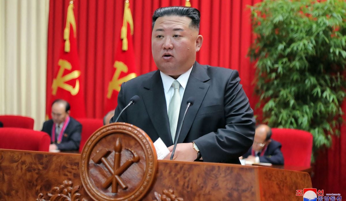 North Korean leader Kim Jong Un delivering a speech at the Central Academy of the Workers' Party of Korea in Pyongyang.  (Photo by KCNA VIA KNS/AFP)