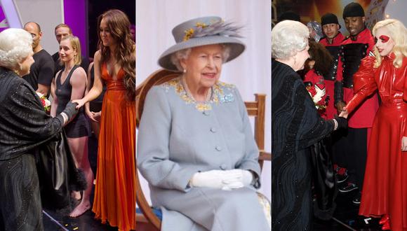 La Reina Isabel II (centro), durante sus 70 años de reinado, tuvo la oportunidad de compartir con diversos artistas internacionales como Miley Cyrus (izquierda) y Lady Gaga (derecha). (Foto: Ben STANSALL / POOL / AFP)