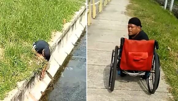 Un deportista con discapacidad arriesgó su vida para salvar a un gato que estaba a punto de caer a las aguas servidas de un canal | Foto: Captura de video / Facebook
