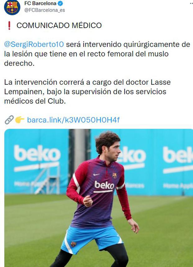 Barcelona informa de la operación de Sergi Roberto.