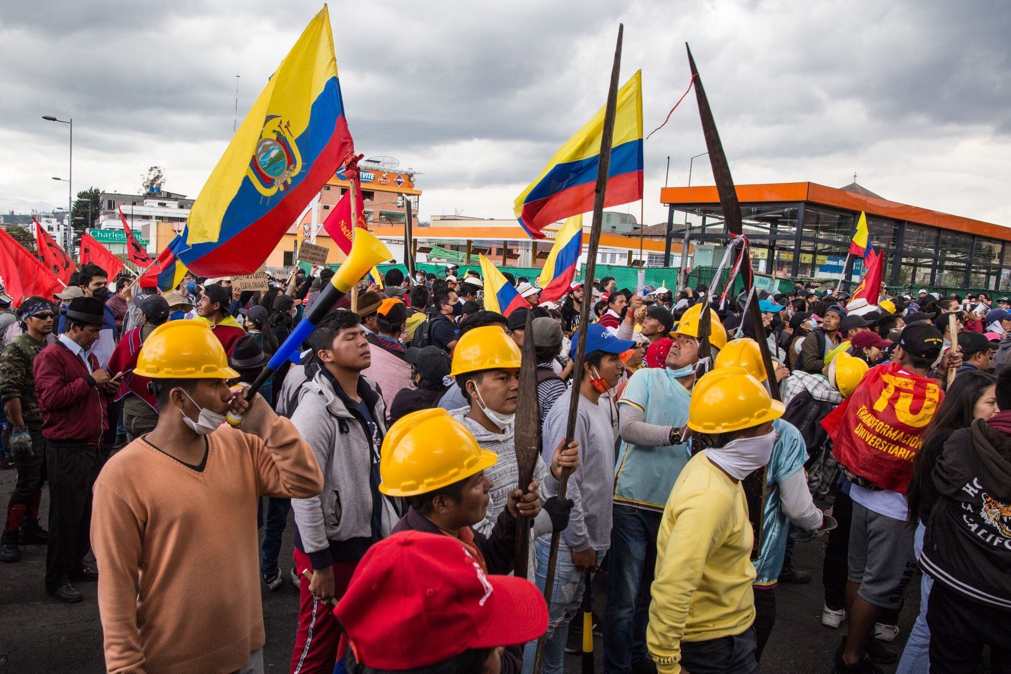Protesters gather in front of the Ecuadorian Episcopal Conference as negotiations continue on an agreement to end the protests in Quito, Ecuador.