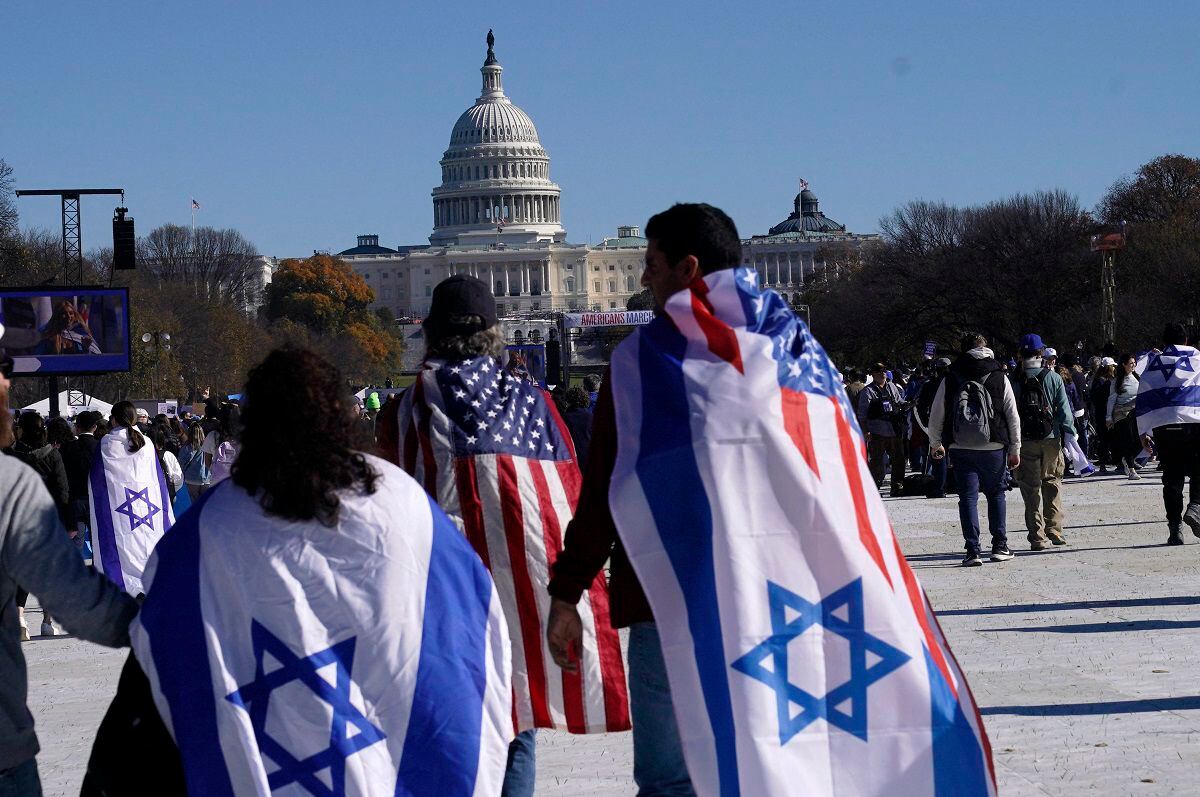 Protesters in support of Israel gather to denounce anti-Semitism and call for the release of Israeli hostages on the National Mall in Washington, DC, on November 14, 2023. (Photo by Stefani Reynolds/AFP)