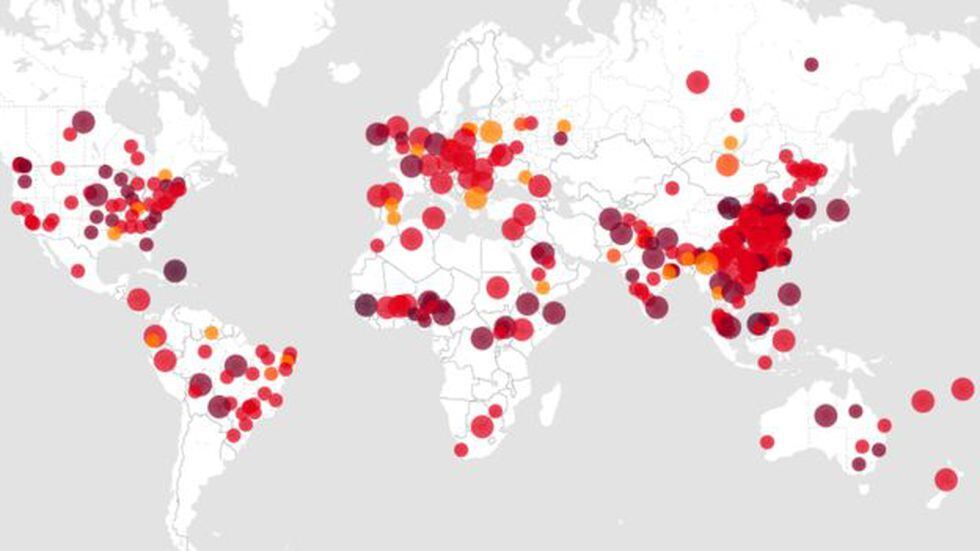 El sitio web Healthmap.org rastrea los brotes a medida que se registran por el mundo: todos los brotes aquí señalados están ocurriendo en este momento. (HEALTHMAP.ORG)