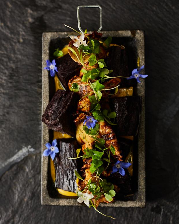 Mushroom anticuchos with yuccas with purple corn reduction from Plant Food + Wine.