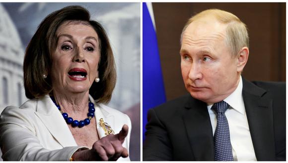 Nancy Pelisy, presidenta de la Cámara de Representantes de Estados Unidos, y el mandatario ruso Vladimir Putin. (Foto: Bloomberg/AFP/Archivo).
