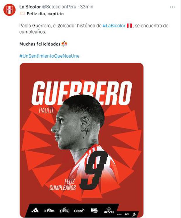 El saludo de la selección peruana a Paolo Guerrero por sus 40 años