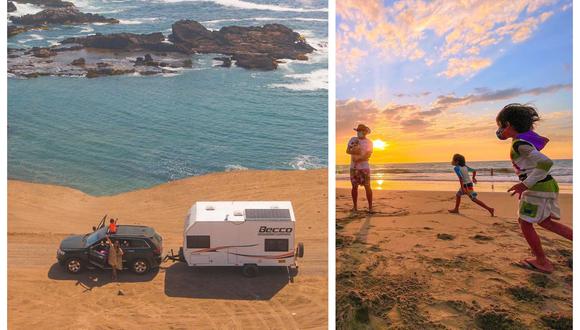 Los López Alvarado partieron de Lima hacia Tumbes parando por distintas playas de la costa norte del Perú. Yazmín Alvarado saluda en la primera fotografía. A la derecha, su esposo Hugo López y sus mellizos Leonardo y Marcelo en Piura. (Fotos: @papa_gallina)