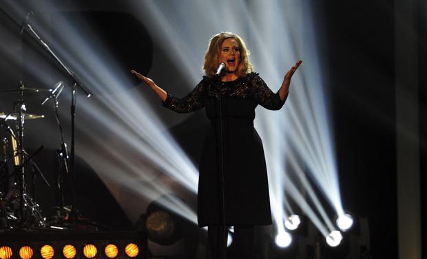 British singer-songwriter Adele on stage at the 2012 BRIT Awards in London on February 21, 2012.