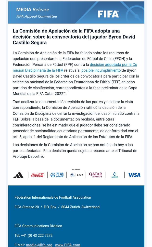 Comunicado de FIFA sobre caso Byron Castillo.