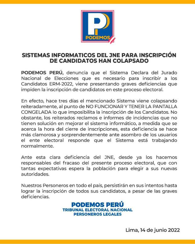 Comunicado de Podemos Perú. (Foto: Podemos Perú)