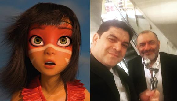 "Ainbo", cinta animada hecha en Perú que este domingo 1 de mayo fue reconocida en España en la gala de los Premios Platino 2022. En la imagen, de izquierda a derecha, los hermanos César y José Zelada; productor y director de la cinta; respectivamente.