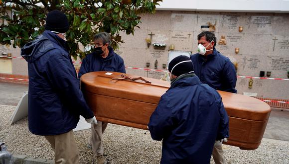 Los empleados de una morgue llevan el ataúd de una persona que murió de coronavirus en Madrid, España. Foto: Reuters