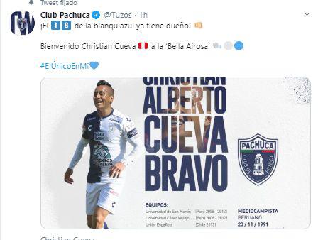 La publicación de Pachuca sobre Christian Cueva.