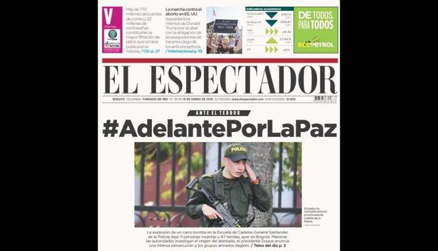 La portada del diario El Espectador muestra el sufrimiento de uno de los cadetes de la Escuela General Santander en Bogotá. (Foto: Twitter)
