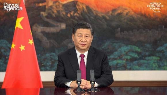 Captura de video tomada este 25 de enero de 2021 del sitio web del Foro Económico Mundial, mientras el presidente de China Xi Jinping habla desde Beijing. (AFP / FORO ECONÓMICO MUNDIAL)