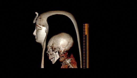 La imagen muestra una reconstrucción en 3D de la cabeza de Amenhotep I, creada mediante tomografías computarizadas (TC). (Egyptian Ministry of Antiquities / AFP)