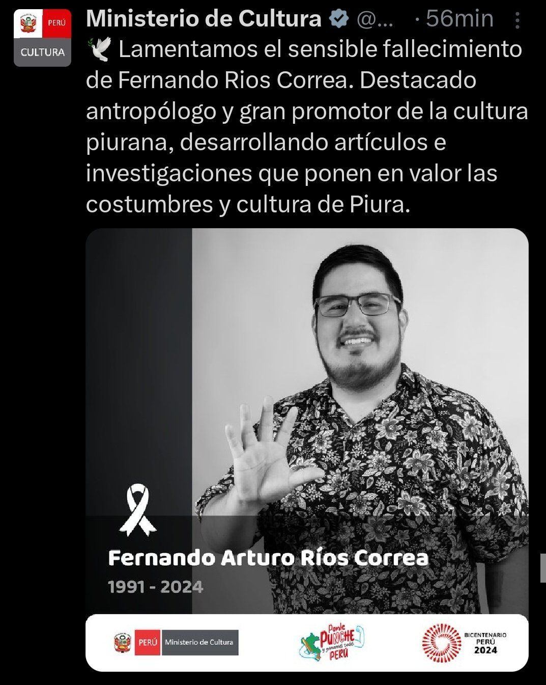 Post del Mincul sobre Fernando Ríos, el cual fue borrado | Foto: Twitter - Captura de pantalla