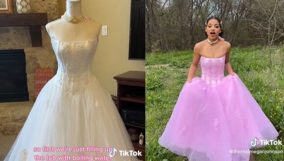 Una adolescente de 17 años transformó un vestido de novia de segunda mano en un atuendo inspirado en Disney para su graduación. (Foto: TikTok/therealmeganjohnson).