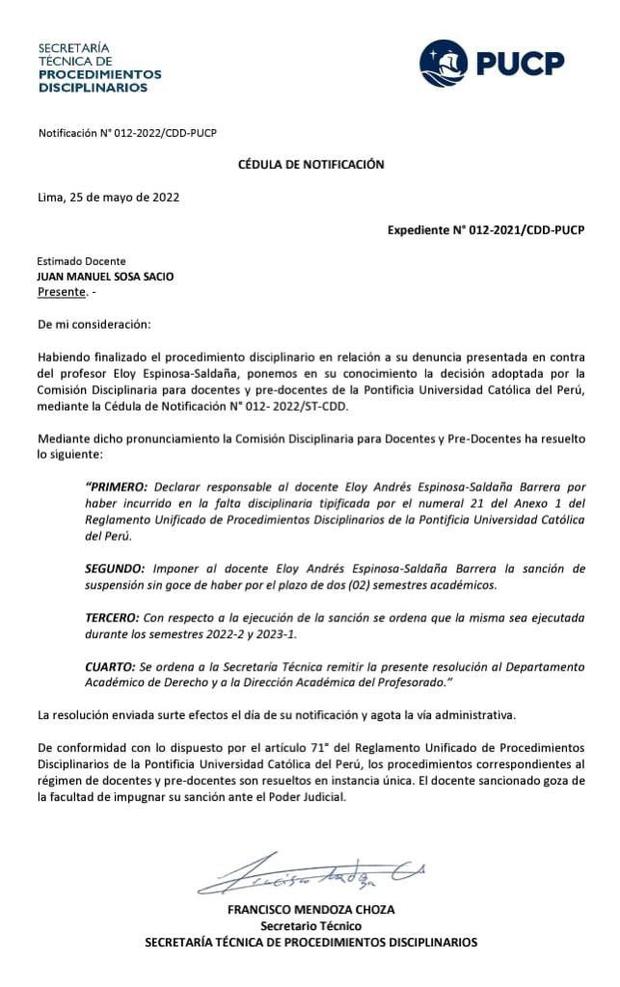 Resolución de la PUCP sobre la denuncia de plagio contra el exmagistrado del TC Eloy Espinosa-Saldaña. (Foto: PUCP)