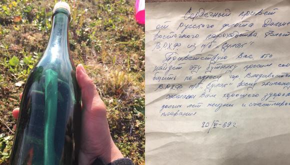 El mensaje en una botella encontrado en Alaska. (TYLER IVANOFF/FACEBOOK).