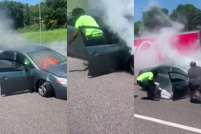 FOTO 1 DE 5 | Un video viral muestra la heroica acción de un hombre que arriesgó su vida para salvar a un joven de un auto en llamas. | Crédito: Antonio Morgan / Facebook. (Desliza a la izquierda para ver más fotos)