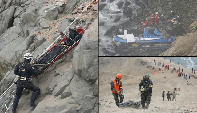 Rescatistas usan un sistema de poleas y cuerdas para recuperar a las víctimas del accidente del martes que dejó 48 muertos. Hasta el momento se han rescatado 36 cuerpos.
