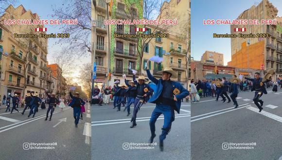 Chalanes desfilan por Fiestas Patrias en Barcelona (foto: Captura de TikTok / @bryanrivera.play)