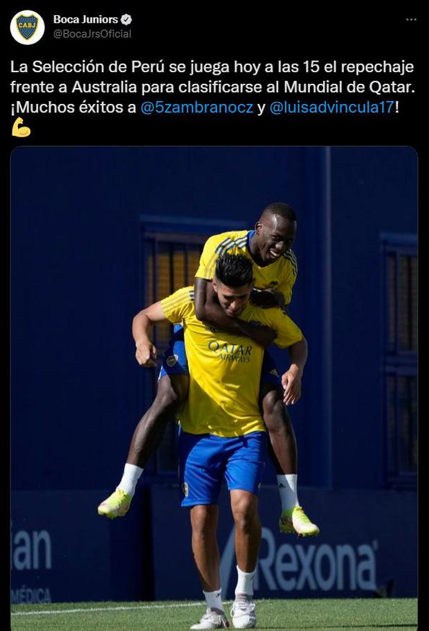 Boca Juniors wishes luck to Peru, Carlos Zambrano and Luis Advíncula in the playoffs. (Photo: Screenshot)