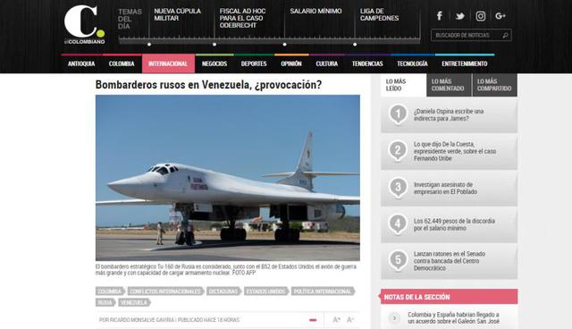 Así informa la prensa internacional el envío de dos bombarderos nucleares Tu-160 a Venezuela. (Foto: ElColombiano).&nbsp;