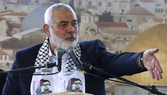 El líder del movimiento de Hamas palestino, Ismail Haniyeh, pronuncia un discurso en un mitin público durante su visita a la ciudad del sur de Lebanesa de Saya, el 26 de junio de 2022. (Foto de MAHMOUD ZAYYAT / AFP)