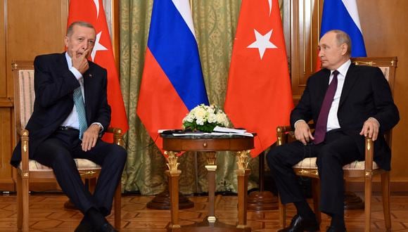 El presidente ruso Vladimir Putin reuniéndose con su homólogo turco Recep Tayyip Erdogan en Sochi. (Foto de Sergei GUNEYEV / PISCINA / AFP)