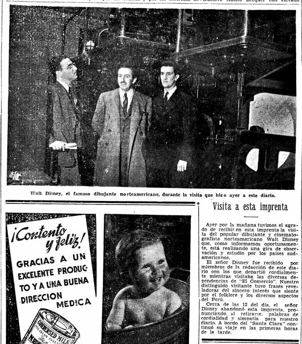 El Comercio, 1941, describes Walt Disney's visit to the newspaper's press.