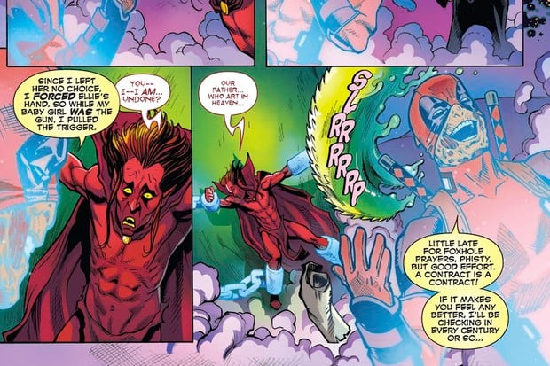 Deadpool le explica a Mephisto que se puede considerar que él mató a su hija porque sus acciones provocaron todo el resultado (Foto: Marvel Comics)