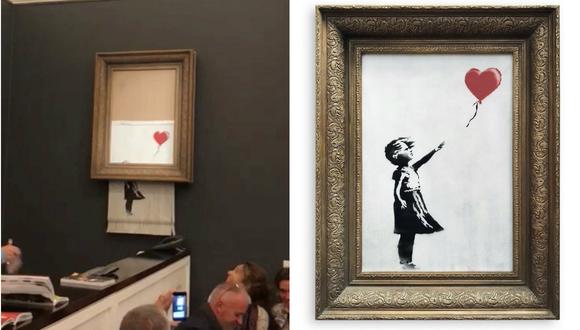 "Girl with Balloon" de Banksy, se autodestruyó en plena subasta en Londres (Foto: Reuters / AP)