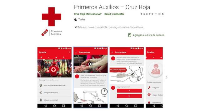 Primeros Auxilios – Cruz Roja. Ayuda a saber qué hacer en caso de accidente, enfermedad o fenómenos naturales. Incluye animaciones, videos, casos e información general de primeros auxilios. (Foto: Google Play)