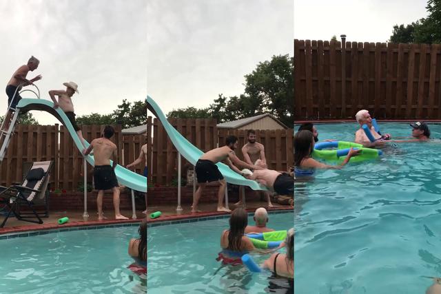 FOTO 1 DE 4 | Un bisabuelo de 94 protagonizó un sensacional video viral en el que se lanzó a una piscina por un tobogán. | Crédito: MichaelandMichelle Graham en Facebook. (Desliza hacia la izquierda para ver más fotos)