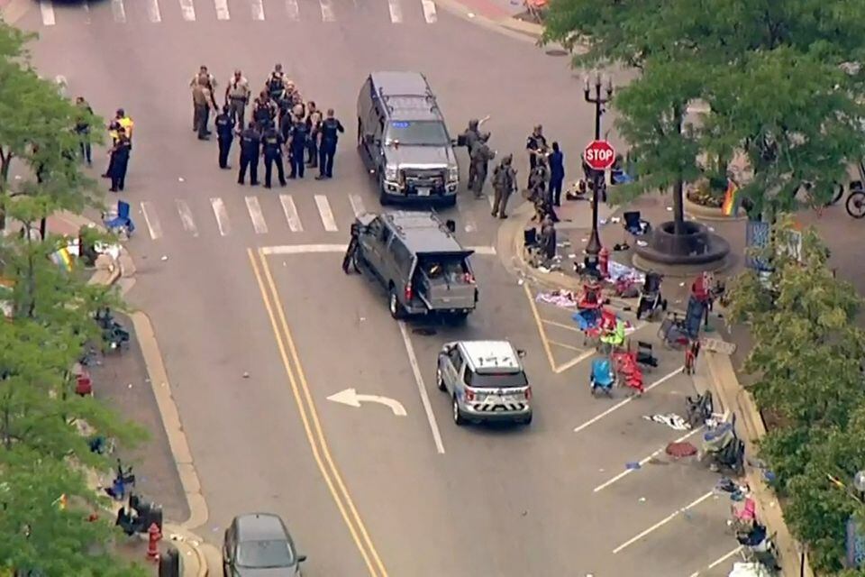 Police are deployed after the shooting at a July 4 parade in the wealthy suburb of Highland Park, Illinois, United States, July 4, 2022. (ABC WLS/ABC7 via REUTERS)