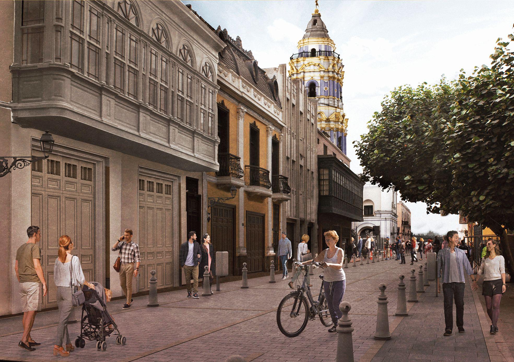 DESPUÉS: Para la intervención, el pavimento actual será cambiado por adoquines de piedra, sin rampas ni escalones. Según la entidad, el material será antideslizante y podotáctil. Además, se instalará nuevo inmobiliario urbano (postes, tachos de basura, etc.).