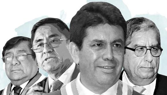 Orlando Velásquez, César Hinostroza, Tomás Gálvez y Julio Gutiérrez Pebe, todos investigados por el fiscal supremo Pablo Sánchez. (Foto composición El Comercio)