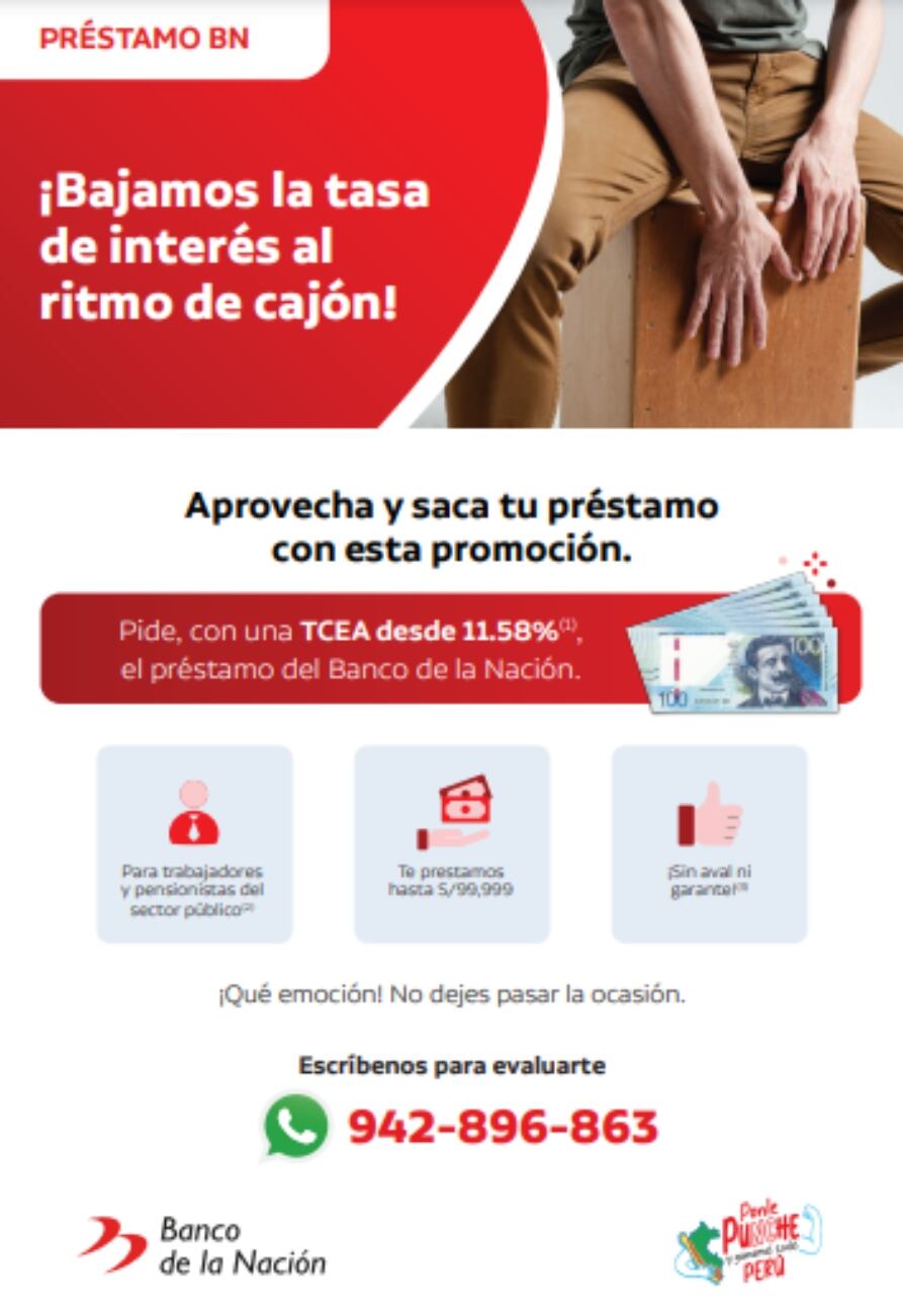 El Banco de la Nación ofrece a sus clientes un préstamo de hasta S/ 99,999 con tasa de intereses muy bajas. Foto: BN