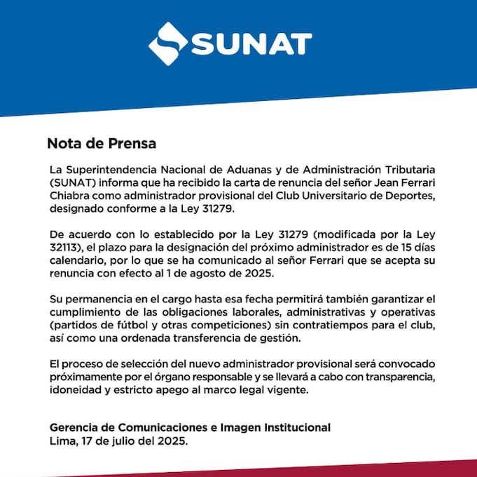 Comunicado de la SUNAT respecto a la renuncia de Jean Ferrari. (Foto: @gustavoperalta4)