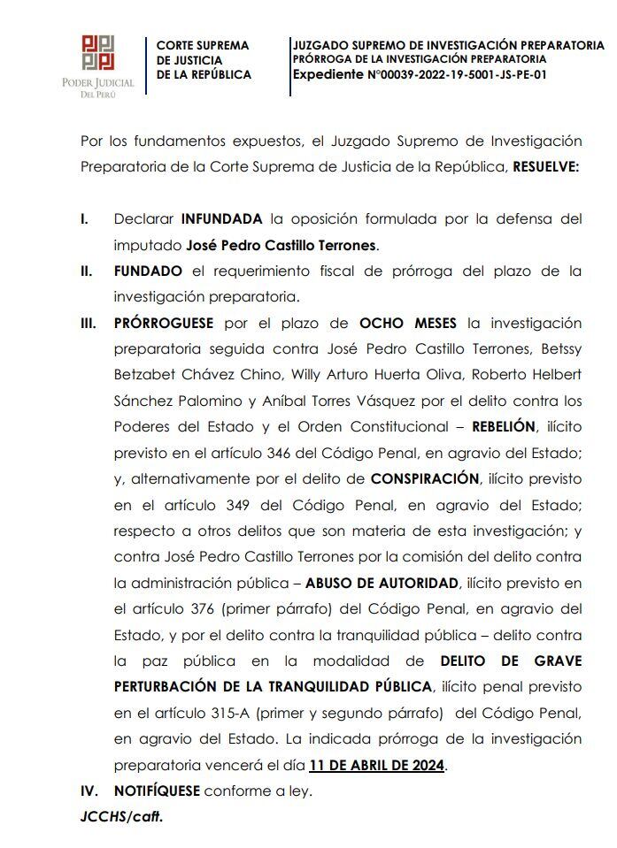 Pedro Castillo y exministros seguirán siendo investigados por golpe de Estado hasta abril del 2024.