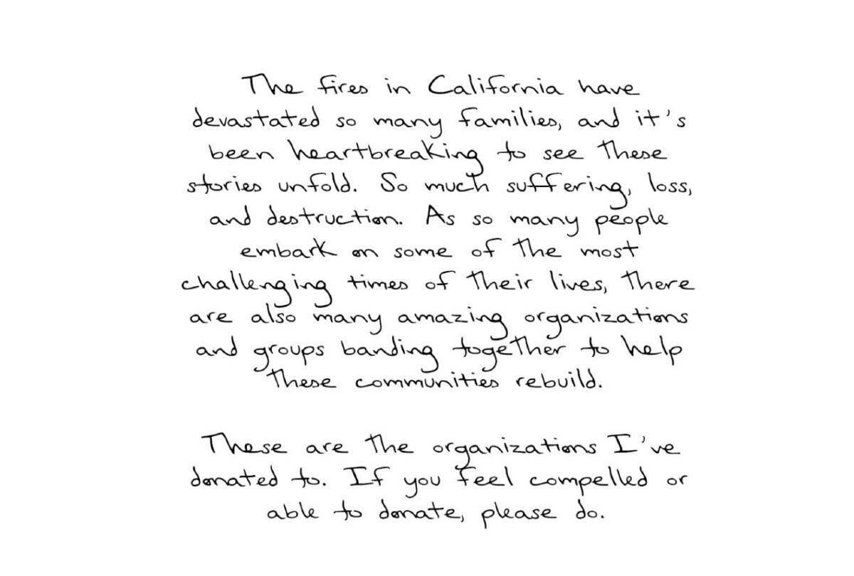 El mensaje de Taylor Swift sobre los incendios forestales en Los Ángeles. | Crédito: Instagram taylorswift