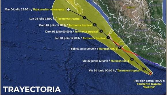 La tormenta tropical Beatriz se formó este 29 de junio de 2023, en el Pacífico, y sus bandas nubosas provocarán lluvias en estados del oeste, centro, sur y sureste de México. (Imagen de Twitter @conagua_clima)