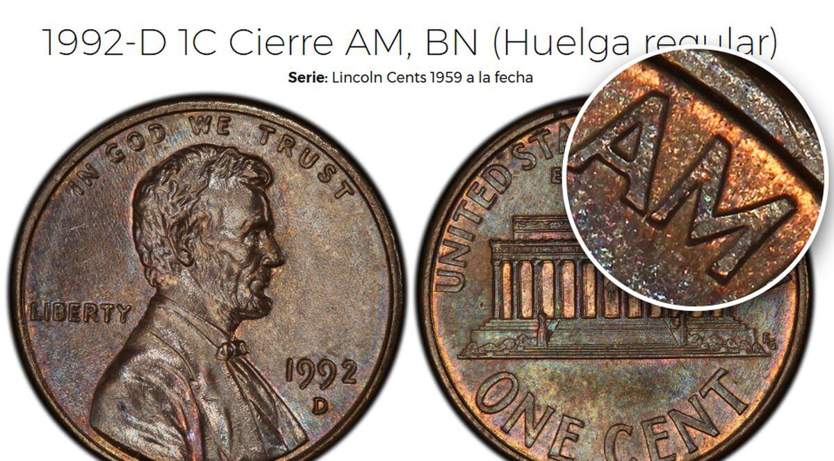 En el anverso de la moneda de 1 centavo de 1992-D Close, las letras A y M están muy juntas (Foto: PCGS)